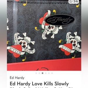 Ed Hardy Love Kills Slowly Black & Red Wallet & Key Ring Set